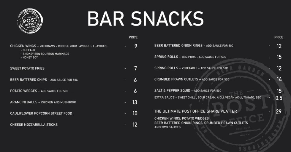 the post office restaurant & bar menu